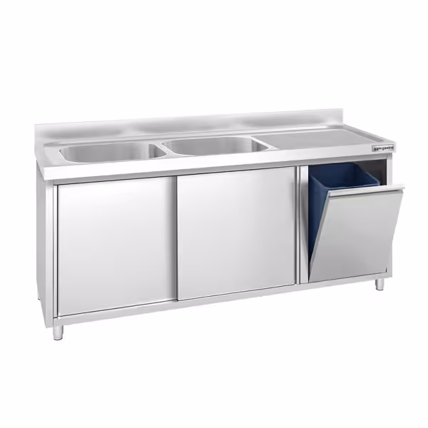 Commercial Sink Cabinet PREMIUM - 1800x700mm - with waste bin & 2 bowls left-hand