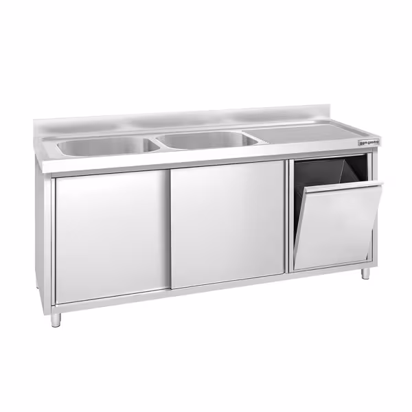Стіл‑тумба з мийкою PREMIUM - з нержавіючої сталі AISI 304 - 1800x600 мм - з AIR-WOLF - відром для сміття - 2‑секційна зліва