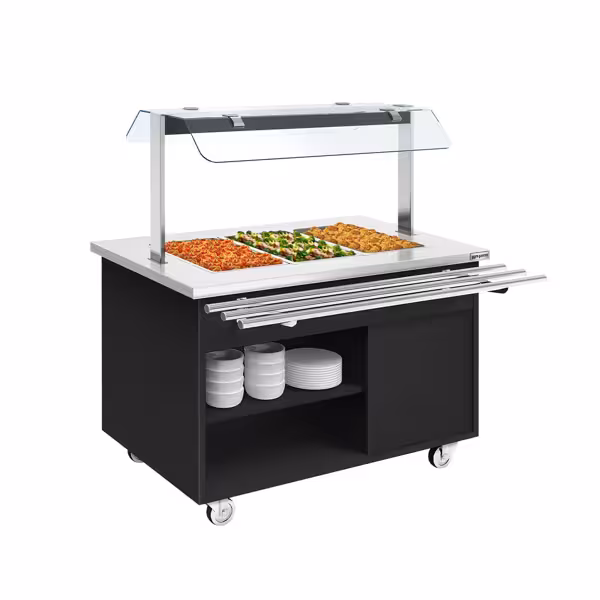 Carrinho de buffet quente DANZIG - 1300mm - para 3x GN 1/1 - com corrediça para tabuleiro - preto