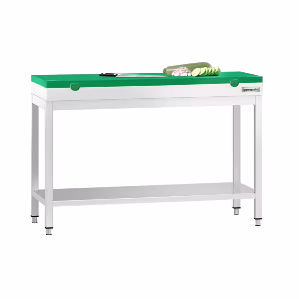 Edelstahl Arbeitstisch PREMIUM - 1200x700mm - mit Grundboden - inkl. Schneideplatte Grün