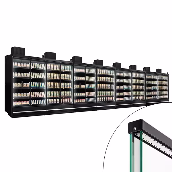 (8 pcs) Armoire réfrigérée murale de supermarché - 15000mm - avec 4 portes battantes vitrées & 4 étagères - arrière fermé - Noir