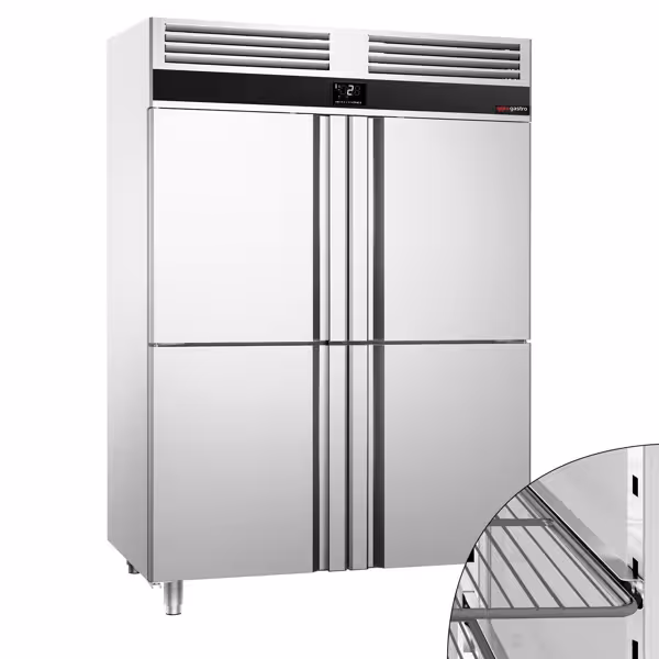 Armadio frigorifero in acciaio inox PREMIUM - GN 2/1 - 1400L - fino a +8°C - con 4 mezze porte - ventilato; LED