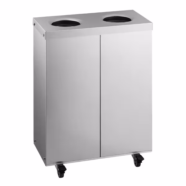 Recycling station - 2-Stream - 2 compartments of 25L each - 50L - 720(H)x500(W)x250(D)mm - with wheels (4, 2 lockable), inner buckets, colour-coded labels - Stainless steel