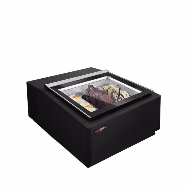 Countertop Ice Cream Display Freezer - 670mm - Static cooling - for 3 x 5 litres Napoli pans - Black - hinged glass lid