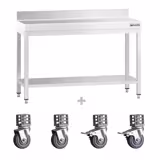 Edelstahl Arbeitstisch PREMIUM - 1200x600mm - mit Grundboden, Aufkantung & Rollen