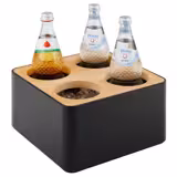 Présentoir de bar - porte-bouteilles et porte-couverts - 270x270mm - Hauteur: 150mm - bois, SAN, acier inoxydable - avec 4 compartiments - incl. 4 pots à couverts en acier inoxydable - Noir