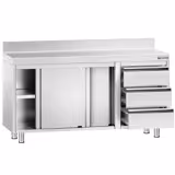 Armário baixo em aço inox PREMIUM - 1400x600mm - com 3 gavetas à direita & rebordo posterior