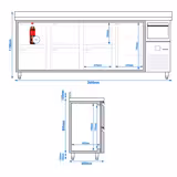Barový chladicí stůl PREMIUM - 2690x600 mm - 775 l - se 1 dveřmi, 6 zásuvkami, zadním lemem & vyklepávačem na kávu