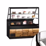 Vitrine refrigerada para bolos/pastelaria TORONTO - 1600x880x1400mm - vidros duplos - 2 prateleiras - iluminação LED - frente em madeira; tampo em granito preto