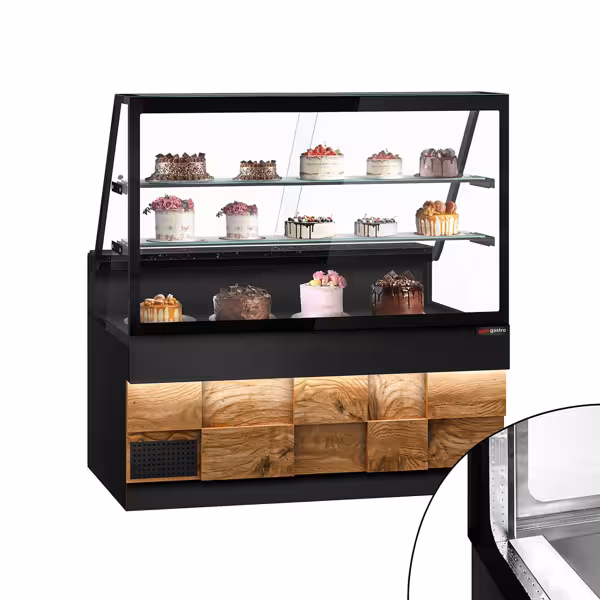 Banco gastronomia professionale TORONTO - 1600x880mm - Ventilata - Doppi vetri - Pannello frontale legno naturale - con 2 ripiani - piano di lavoro in granito nero