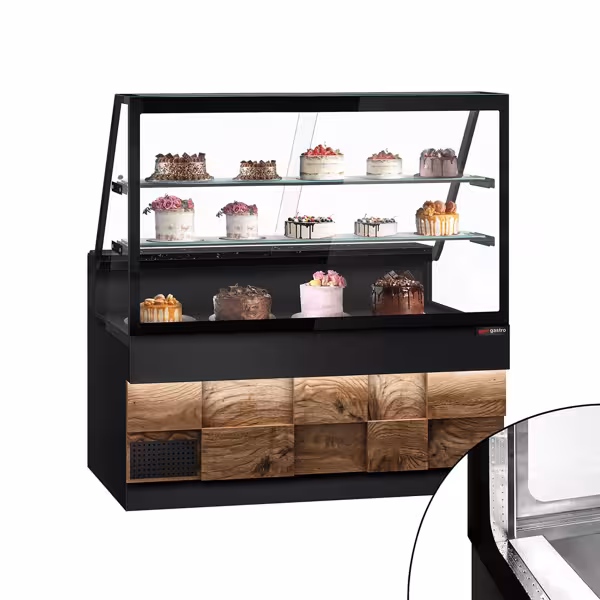 Comptoir réfrigéré TORONTO – 1600 mm – double vitrage – façade en bois – 2 étagères – plan de travail en granit Noir
