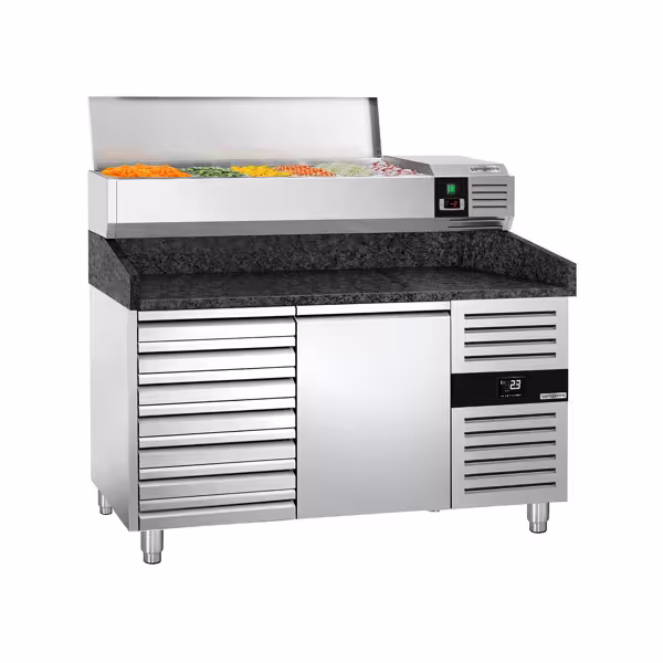 Balcão de pizza refrigerado PREMIUM - 1500x800mm - com tampo em granito - com 1 portas e 7 gavetas - incl. vitrina refrigerada superior - 6x GN 1/3