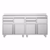 RVS Werkkast - voor koffiezetapparaat - 2000x600mm - met 4 laden, 2 draaideuren, 2 uitkloplades - met achteropstand