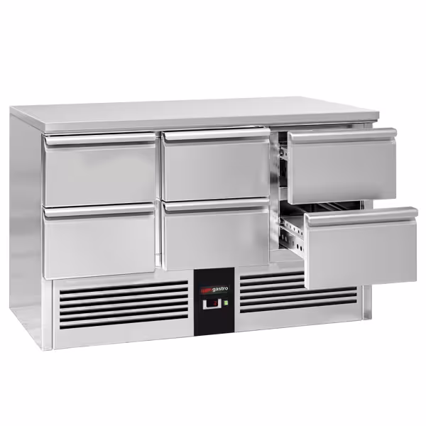 Hűtött munkaasztal PREMIUM - 1365x700 mm - GN 1/1 - 368 liter - statikus - 6 fiókkal