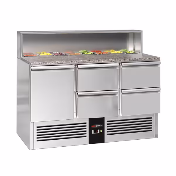 Commercial Saladette Counter PREMIUM - 1368mm - 402L - 1 door & 4 drawers - open top for 8 x GN 1/6 & stainless steel hinged lid