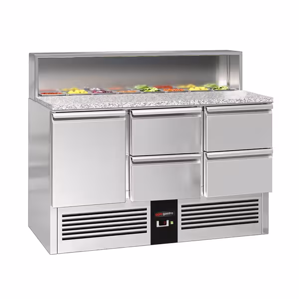 Saladette PREMIUM - 1368mm - 1 deur & 4 laden - met RVS deksel voor 8x GN 1/6 - granieten werkblad