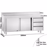 Edelstahl Arbeitsschrank PREMIUM - 2000x600mm - mit 3 Schubladen rechts & Aufkantung