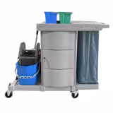 Chariot de ménage - avec portes verrouillables - avec 1 étagères et 1 seaux, presse, sac à linge - Gris