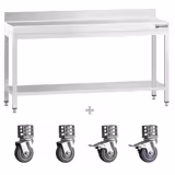 Table de travail en inox PREMIUM - 2000 x 600 mm - avec tablette inférieure, dosseret et roulettes