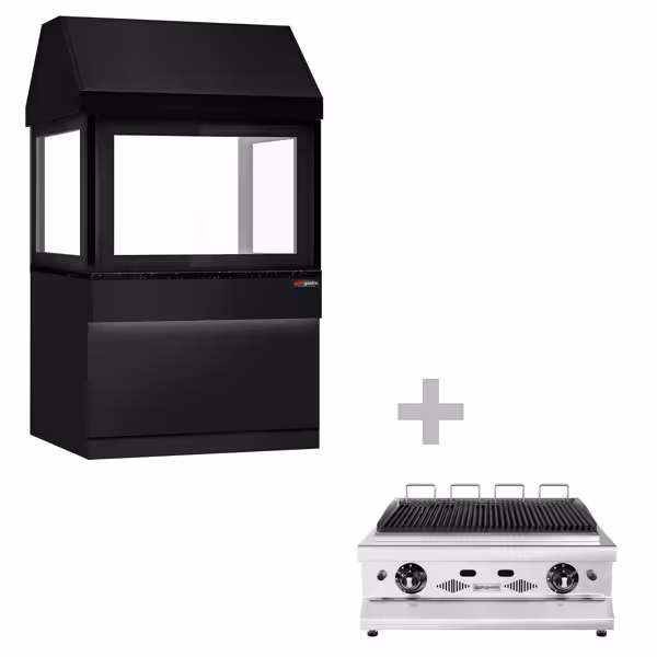 Gasgrill TORONTO - 10,4kW - Gietijzeren rooster - Staand model - Zwart - zwart front - zwart granieten werkblad - Beschermglas