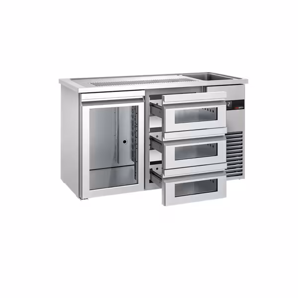 Barowy stół chłodniczy PREMIUM - 1550x700 mm - 1 szklane drzwi & 3 szklane szuflady