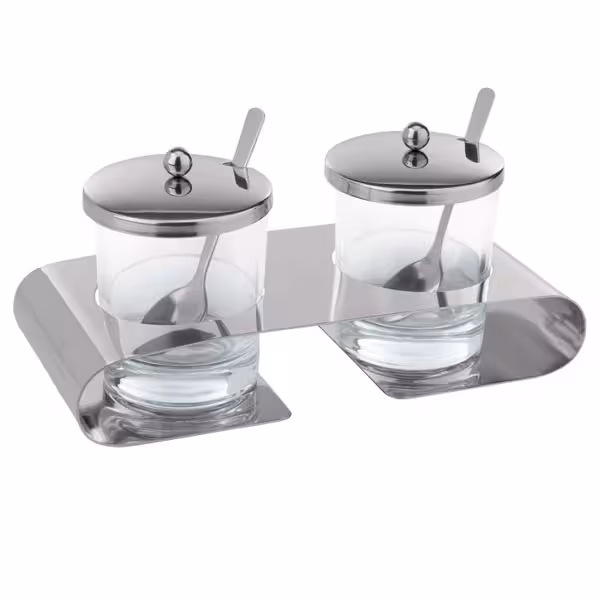 Parmesan Dish (with spoon) - Stainless steel stand - Glass bowl; Stainless steel lid - with lid with spoon slot - incl. 2 stainless steel spoons