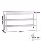 Stół roboczy ze stali nierdzewnej PREMIUM - 1500x600 mm - z półką dolną i półką pośrednią	