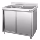 Dřezová skříňka PREMIUM - nerezová ocel - 1200x600 mm - posuvné dveře - s odkapávací plochou vpravo - s 1 dřezem vlevo