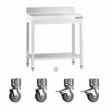 Edelstahl Arbeitstisch PREMIUM - 600x700mm - mit Grundboden, Aufkantung & Rollen