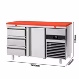 Koelwerkbank PREMIUM - 1400x700mm - met 1 deur & 3 laden - incl. snijplank rood