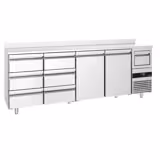 Arrière-bar réfrigéré professionnel PREMIUM - 2690 x 600 mm - avec 2 portes et 6 tiroirs - avec dosseret - avec tiroir à marc de café
