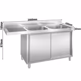 Rozsdamentes acél előöblítő asztal PREMIUM ipari mosogatógéphez - 2000x600 mm - 2 medence, jobb oldalt