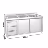 Spoelunit - 1600x700mm - met 3 laden & 2 spoelbakken rechts