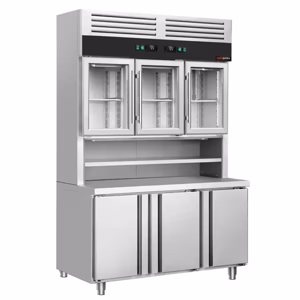 Koelwerkbank met wandkoelrek - 1350x700mm - met 3 deuren - met 3 glazen deuren - werkblad