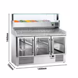 Commercial Pizza Prep Counter - Granite Top PREMIUM - 1400x700mm - with 3 glass doors - incl. refrigerated topping unit with glass sneeze guard LED - 6x GN 1/4