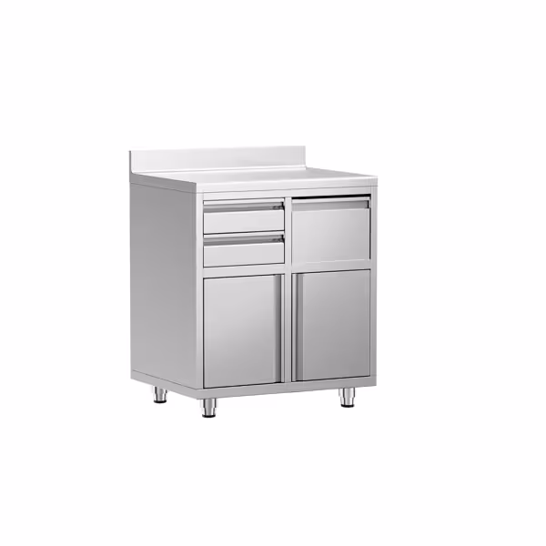 Arbetsbänk med skåp i rostfritt stål - 800x600 mm - med 2 slagdörrar, 2 lådor