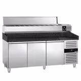 Pizzakylbänk PREMIUM - 2025x800 mm - granitskiva - med 3 dörrar - inkl. kylränna med rostfritt lock - 9x GN 1/3