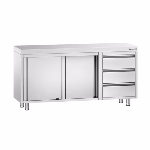 Gesloten RVS werktafel PREMIUM - 1600x700mm - met schuifdeuren, 3 laden rechts