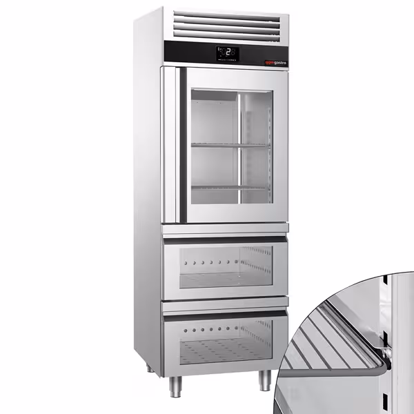 Armario frigorífico de acero inoxidable PREMIUM - GN 2/1 - 700L - con 1 puerta de cristal y 2 cajones y 2 racks de almacenamiento; 2 rieles de acero - ventilado; R290; desescarche automático; monobloque; AISI 304; Panel frontal en azul
