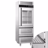 Armario frigorífico de acero inoxidable PREMIUM - GN 2/1 - 700L - con 1 puerta de cristal y 2 cajones y 2 racks de almacenamiento; 2 rieles de acero - ventilado; R290; desescarche automático; monobloque; AISI 304; Panel frontal en azul