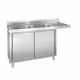 Commercial Dishwasher Sink with Cupboard PREMIUM - 1600x700mm - 2 Bowls, Left-Hand Bowl