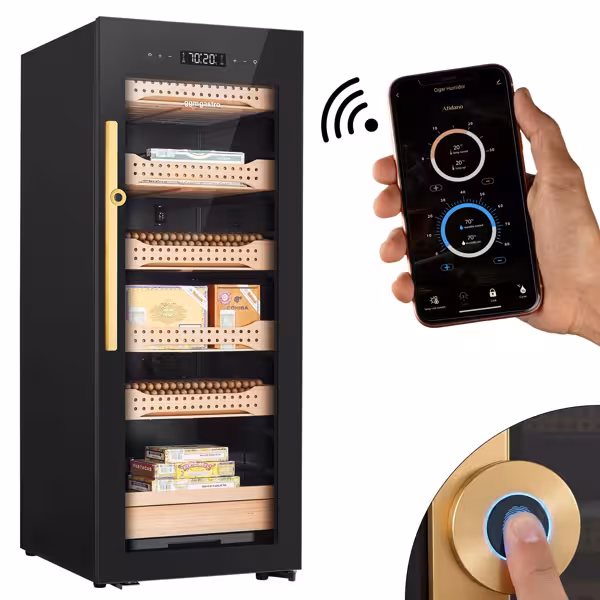 Cave à cigares connectée Wi‑Fi - verrouillage par empreinte digitale - 200L - jusqu’à 1200 cigares - 6 tiroirs en cèdre espagnol - éclairage LED