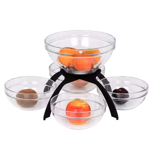 Buffetstandaard - zwart gecoat RVS - 5-laags - 300x300mm - Hoogte: 340mm - met 5 glazen schalen
