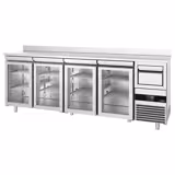 Bar- & Getränkekühltisch PREMIUM - 2690x600mm - mit 4 Glastüren, Aufkantung & Ausklopfer für Kaffee