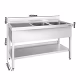 Chiuvetă profesională PREMIUM - 1400x700 mm - cu poliță inferioară - cu 2 cuve
