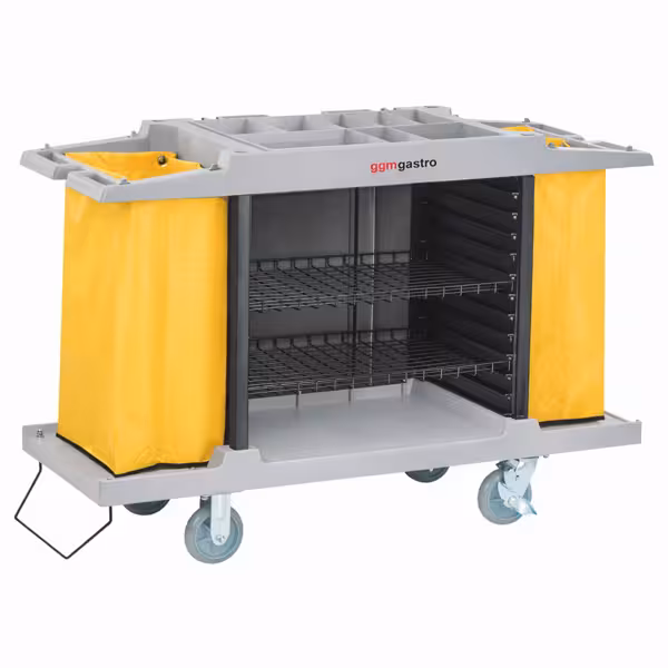 Servicetrolley - open - 2 waszakken, 1 bovenste plank met vakken & 3 onderste planken