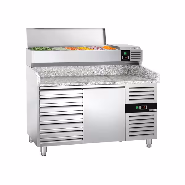 Commercial Refrigerated Pizza Prep Counter PREMIUM - 1500x800 - 1 Door - 7 Drawers - Top Display Rail - 6x GN 1/3