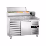 Pizzawerkbank PREMIUM - 1500x800mm - met granieten werkblad - met 1 deur & 7 laden - incl. opzetkoelvitrine - 6x GN 1/3