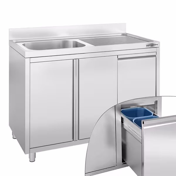 Dolaplı Yıkama Tezgahı - 1200x600mm - Çöp Kutulu & 1 Sol Evyeli
