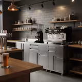 Masă suport espressor - 1400x600 mm - cu 4 sertare, 2 uși batante, 2 sertare pentru zaț de cafea - cu rebord